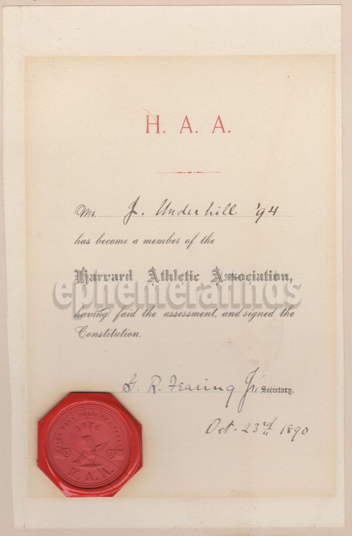 Harvard Athletic Association George Fearing Autograph Signed Wax Sealed Certificate 1890