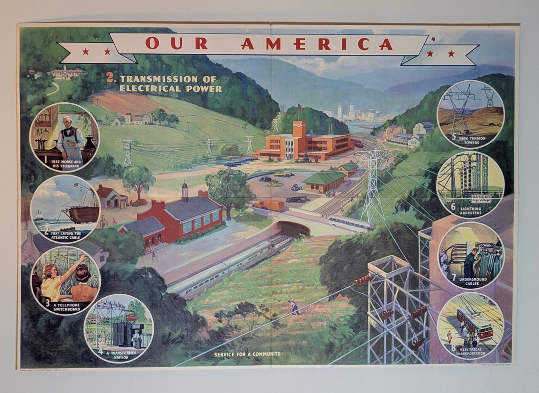 Vintage-style illustration of a rural landscape with transmission lines and power generation facilities, titled 'Our America 2. Transmission of Electrical Power'.