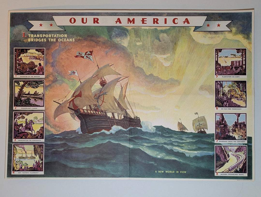 Exploring Ships America Discovery Vintage Coca Cola Graphic Art Educational Poster
