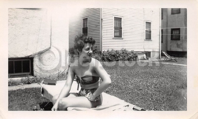 Sassy Swimsuit Babe Lounging Vintage 1940s b&w Candid Snapshot Photo #27