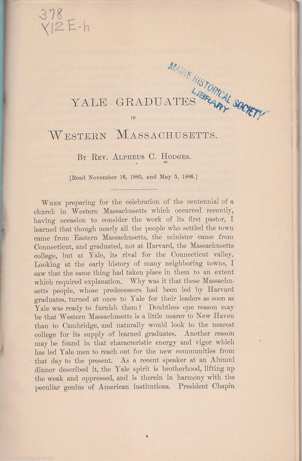 Yale Graduates in Western Massachusetts Antique Book by Alpheus Hodges 1886