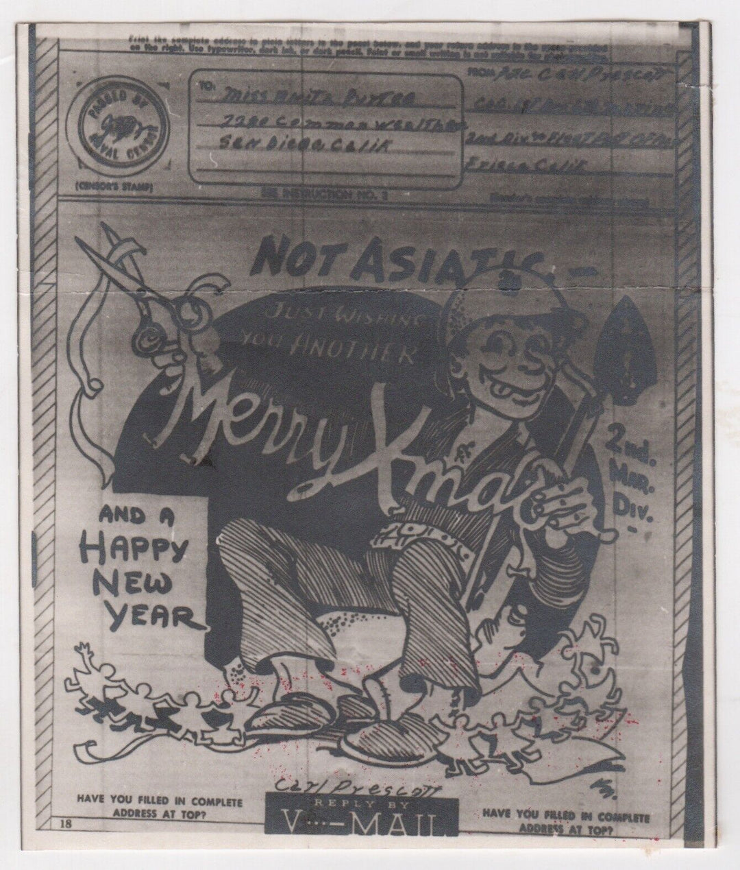 2nd Marine Division Asiatic Merry Christmas Cartoon WWII Art V-Mail Letter