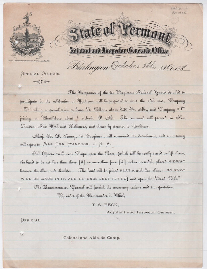 Vermont National Guard Special Orders Major General Hancock Antique Letter 1881