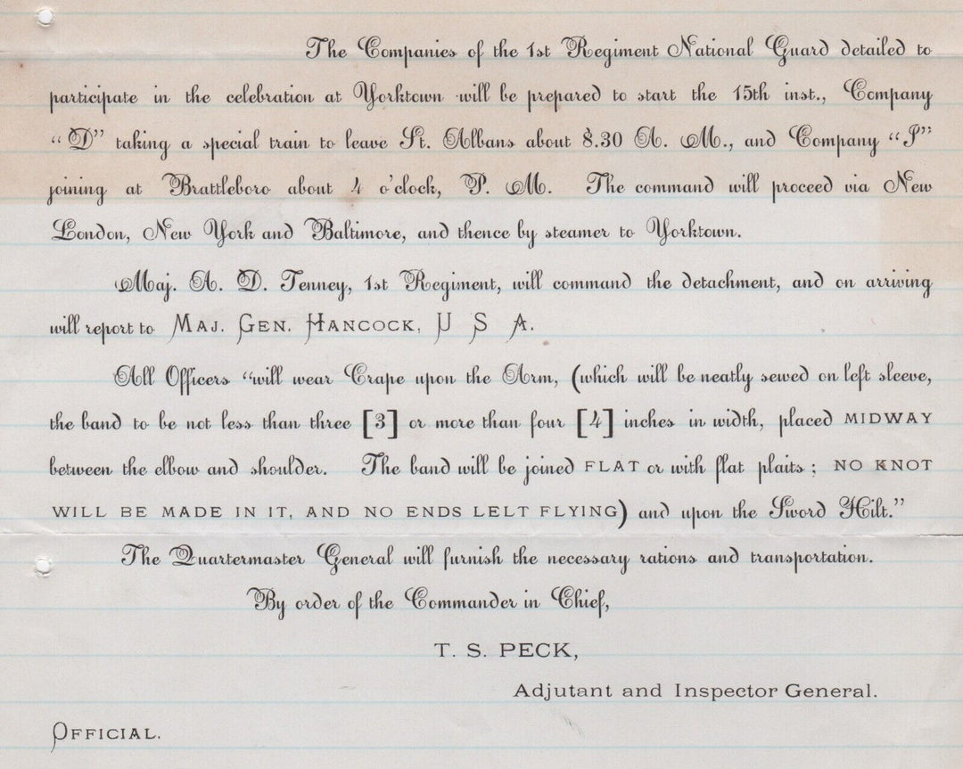 Vermont National Guard Special Orders Major General Hancock Antique Letter 1881