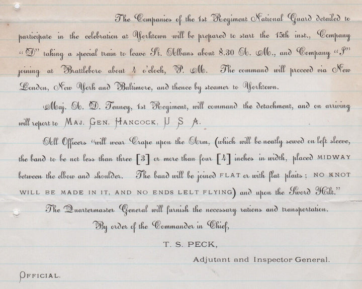 Vermont National Guard Special Orders Major General Hancock Antique Letter 1881