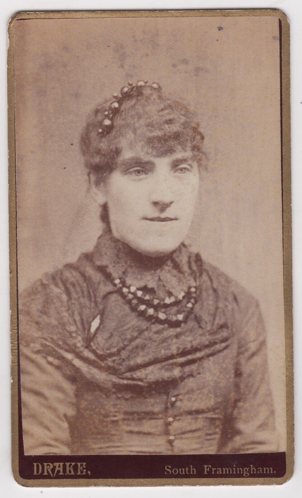 Lovely Woman Beaded Necklace and Hair Clip Framingham MA Antique CDV Photo