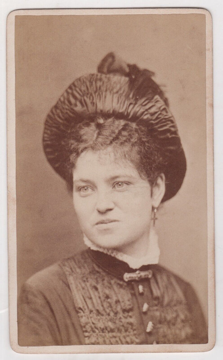 Lovely Hat Woman Christian Cross Crucifix Earrings Natick MA Antique CDV Photo