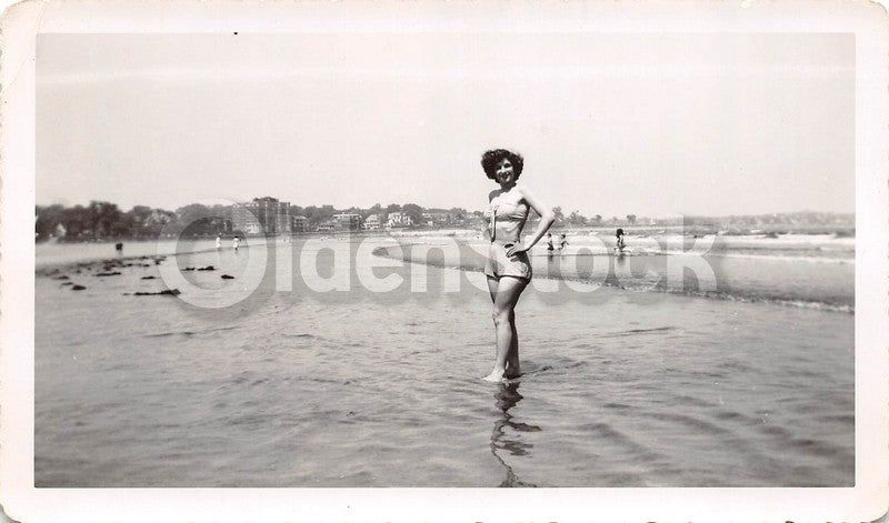 Lovely Beach Swimsuit Babe at the Ocean Vintage 1940s b&w Candid Snapshot Photo #29