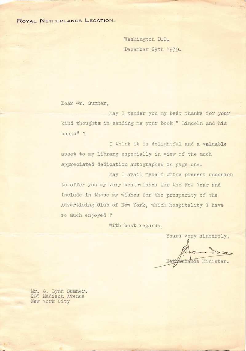 Royal Netherlands Legation Autograph Signed Letter Re: President Lincoln Book 1939