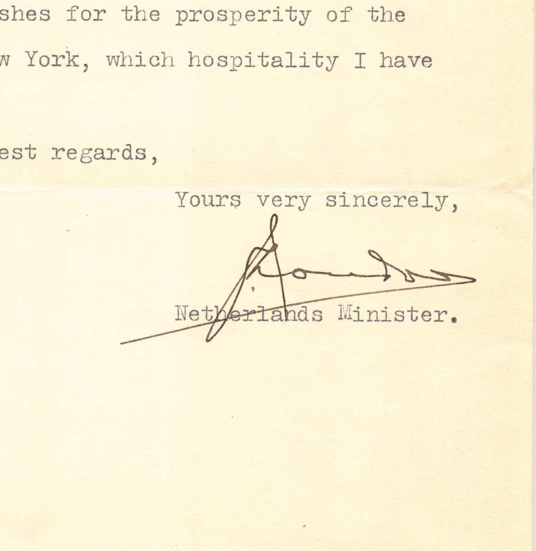 Royal Netherlands Legation Autograph Signed Letter Re: President Lincoln Book 1939