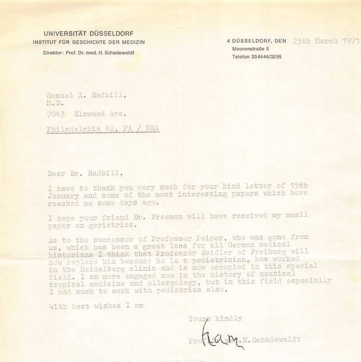 Hans Schadewaldt German Mycology Scientist Autograph Signed Letter 1971