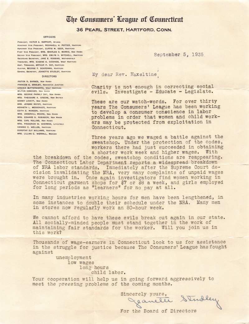 Connecticut Consumers' League Antique NRA Workers Women's Rights Letter 1935