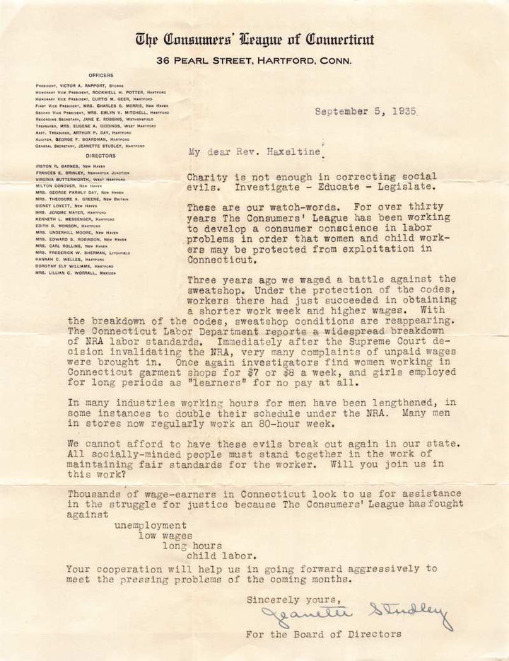 Connecticut Consumers' League Antique NRA Workers Women's Rights Letter 1935
