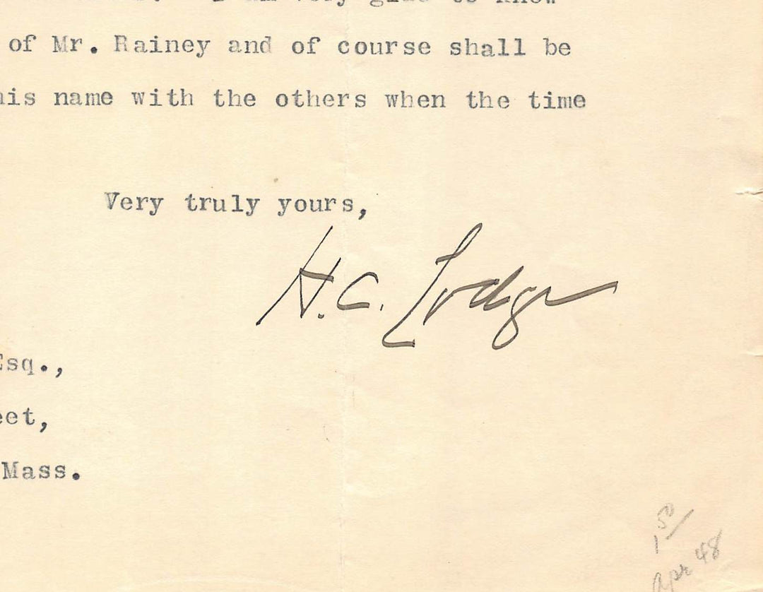 Henry Cabot Lodge MA Senator Autograph Signed Foreign Relations Letter 1921