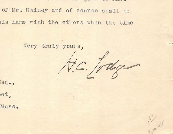 Henry Cabot Lodge MA Senator Autograph Signed Foreign Relations Letter 1921