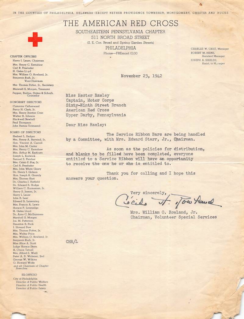 WWII American Red Cross Motor Corps Captain Service Ribbon Letter 1942