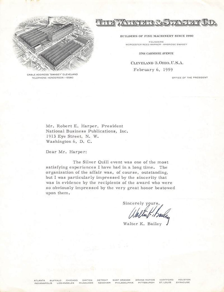 Warner & Swasey Machinery Cleveland OH Vintage Signed Advertising Letter 1959