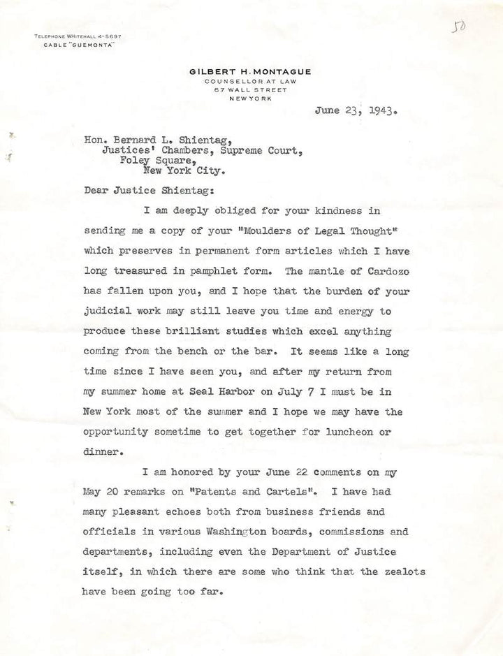 Gilbert Holland Montague FDR Law Professor Autograph Signed Legal Letter 1943