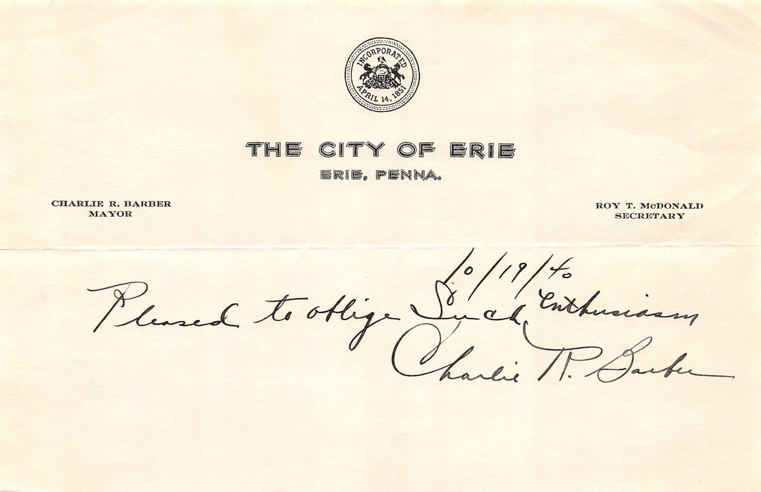 Charlie Barber Erie Pennsylvania Mayor Original Autograph Signed Political Letterhead
