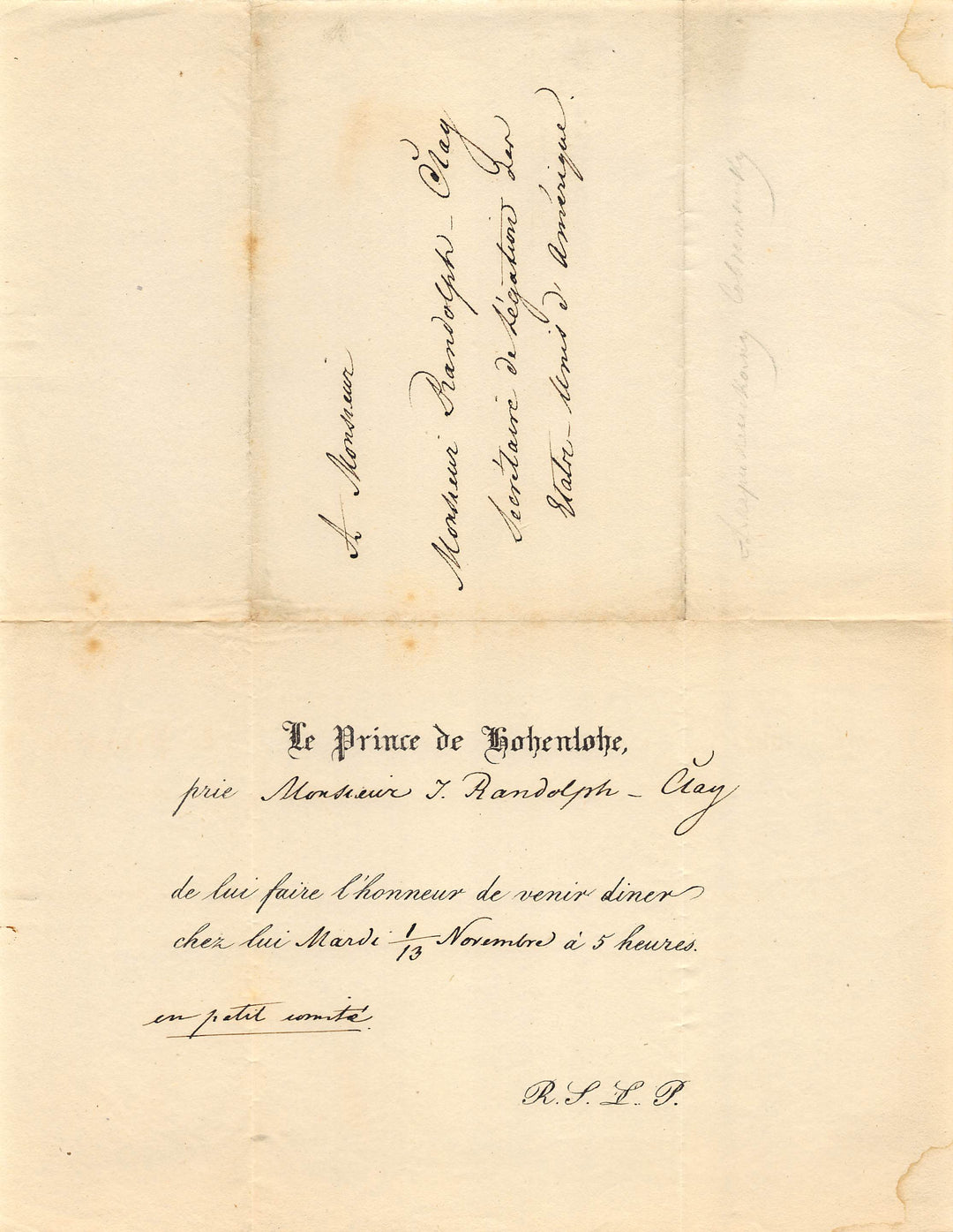 John Randolph Clay American Diplomat Antique State Dinner Invitation Document