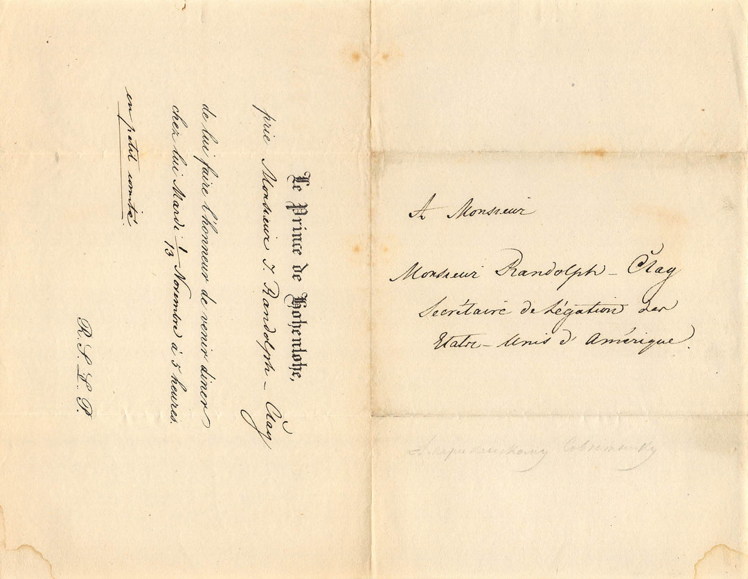 John Randolph Clay American Diplomat Antique State Dinner Invitation Document