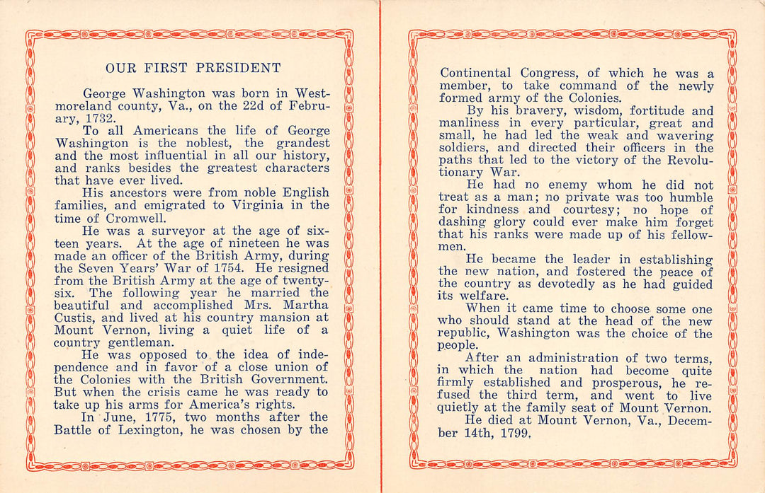 President George Washington Cherry Tree Vintage Educational History Flyer