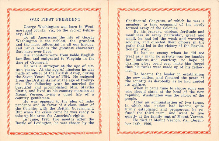 President George Washington Cherry Tree Vintage Educational History Flyer