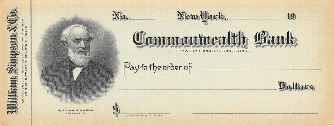 William Simpson Commonwealth Bank of New York Antique Blank Bank Check