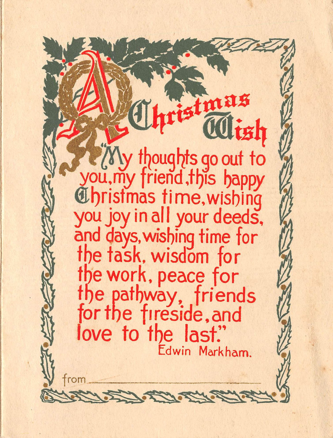 Edwin Markham Christmas Wish Poem Vintage Salesman Sample Holiday Greeting Card