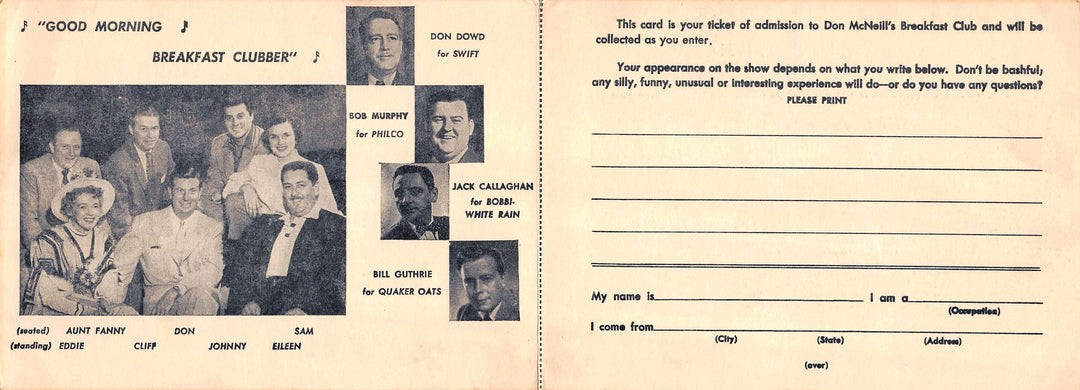 Don McNeill's Breakfast Club TV Show Original Vintage Admission Tickets Form 1954