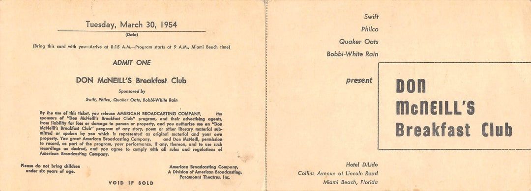 Don McNeill's Breakfast Club TV Show Original Vintage Admission Tickets Form 1954