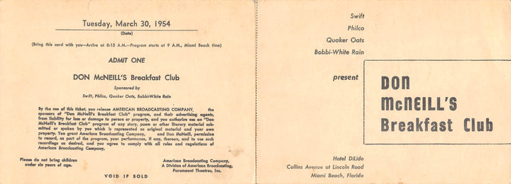 Don McNeill's Breakfast Club TV Show Original Vintage Admission Tickets Form 1954