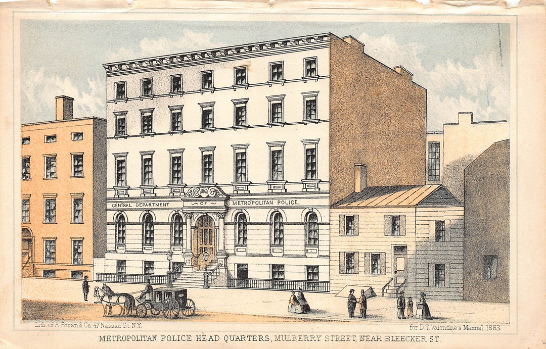 New York Metropolitan Police Station Antique Color Engraving Print 1863