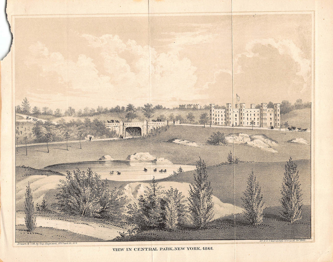 Central Park New York City Antique Graphic Engraving Print by G. Hayward 1862