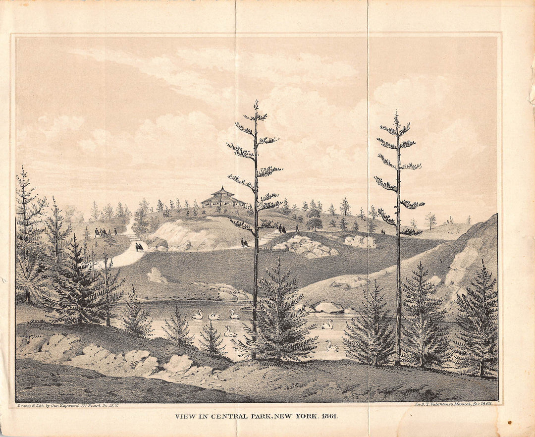 View of Central Park New York City Antique Graphic Engraving Print by G. Hayward 1861