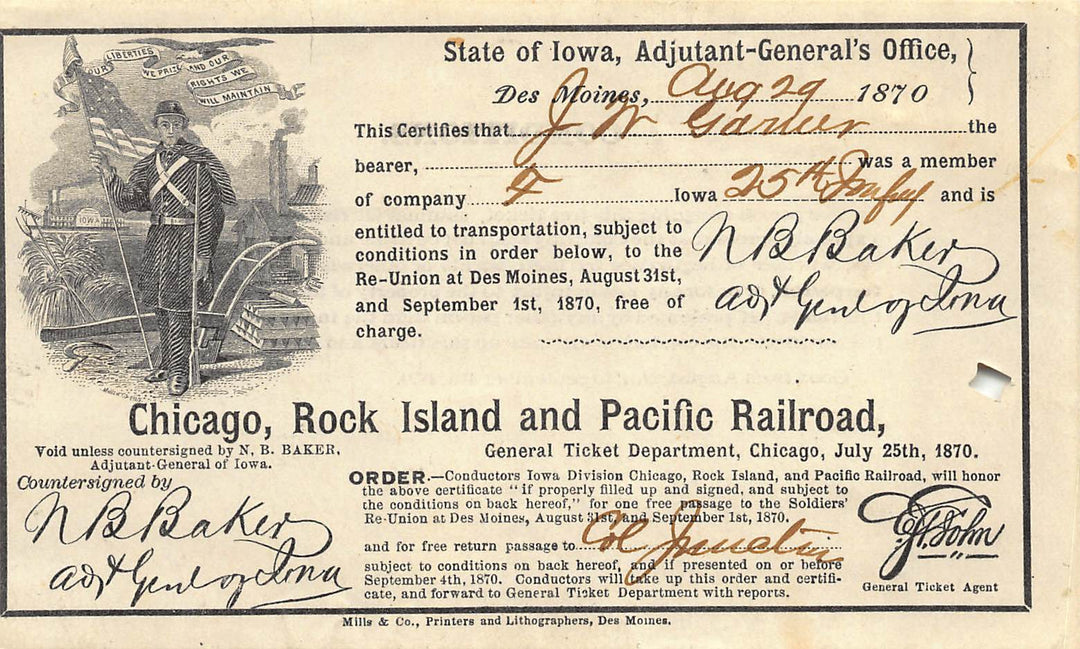 Chicago Rock Island Pacific Railroad Civil War Veteran Special Rail Pass 1870