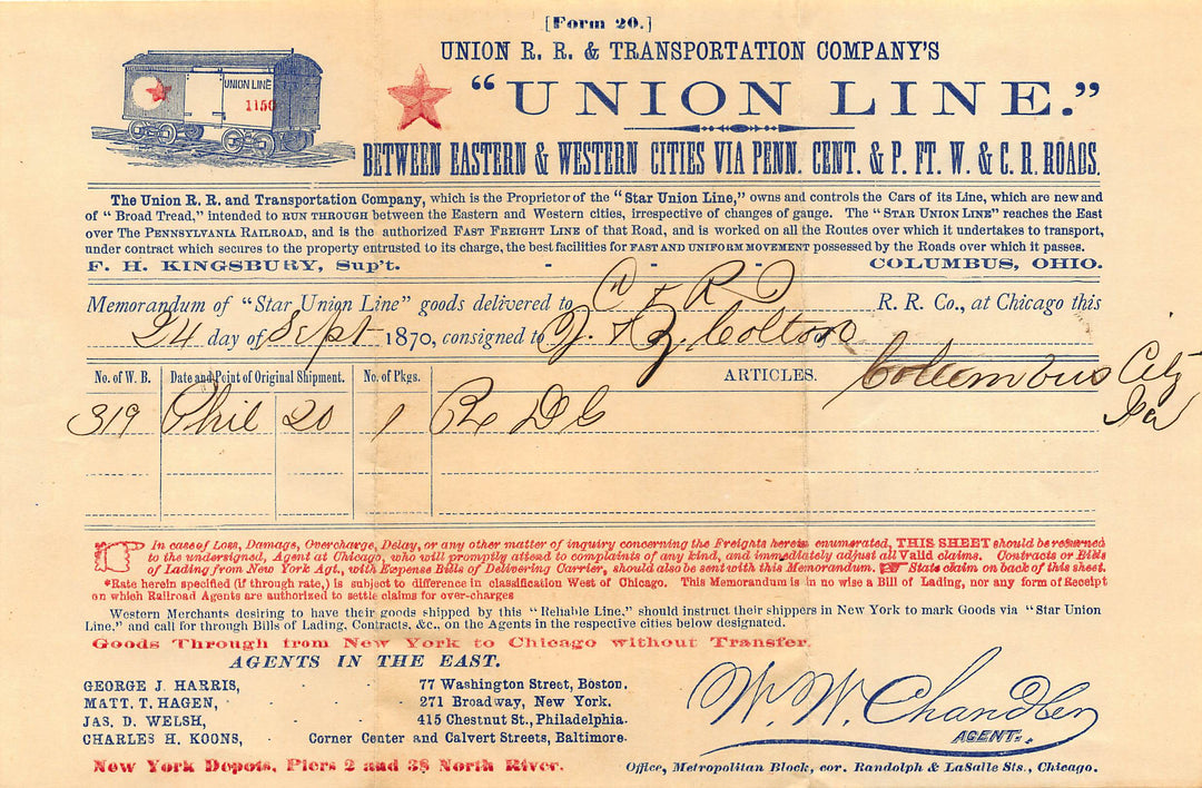 Union Railroad Star Union Line Columbus Ohio 1870s Advertising Freight Receipt
