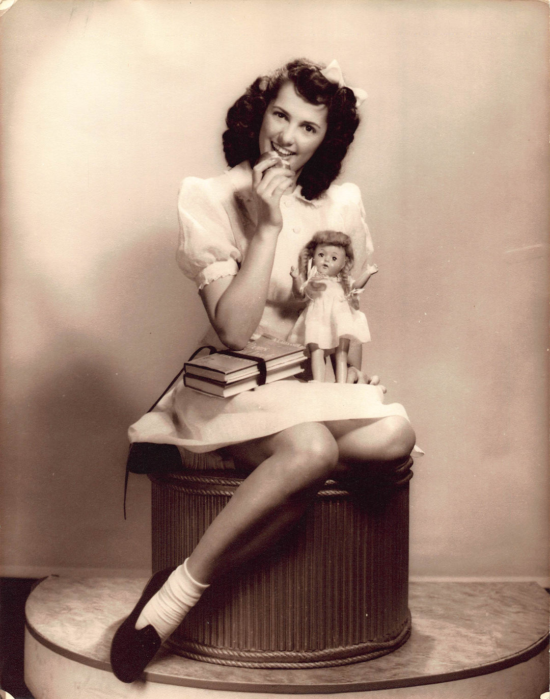 Cute Brunette School Girl with Doll Vintage 1950s Fashion Model Photo