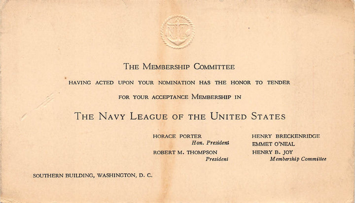 United States Navy League WWI Horace Porter Membership Invitation Card