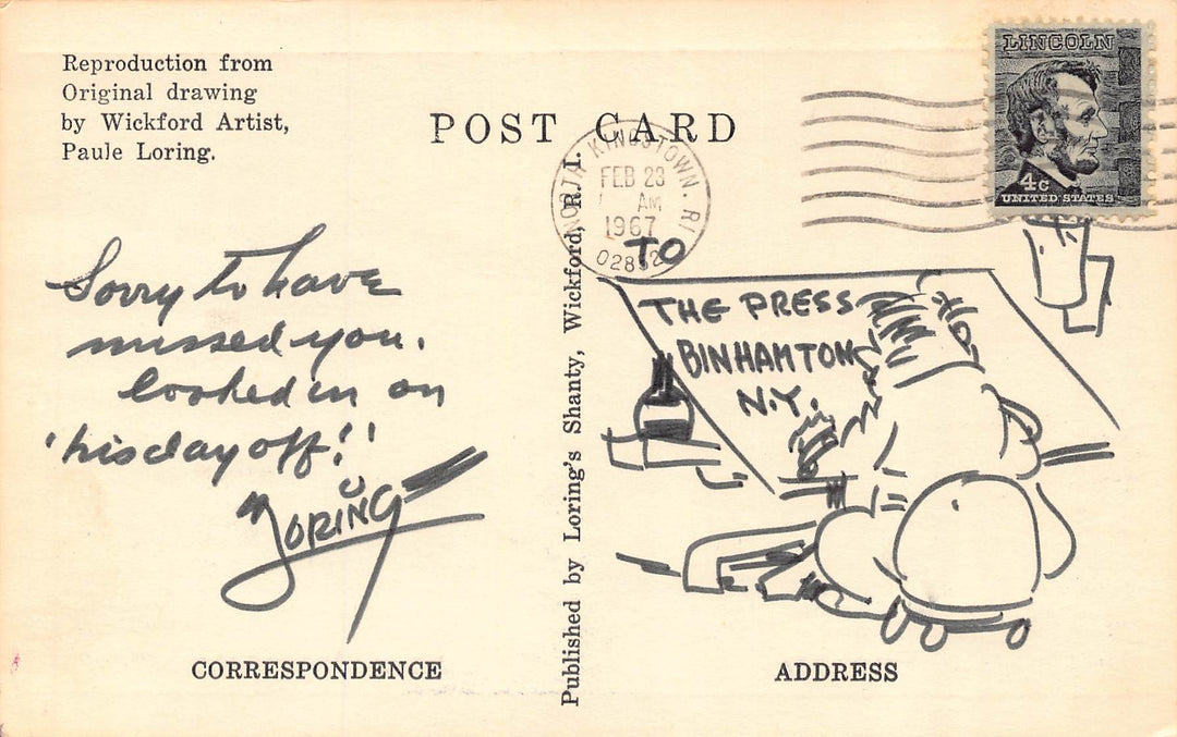 Paule Loring Political Cartoonist Original Artist Signed Postcard 1967