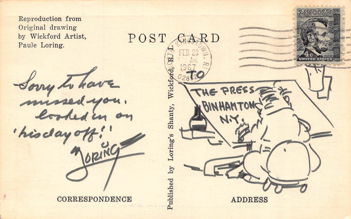 Paule Loring Political Cartoonist Original Artist Signed Postcard 1967