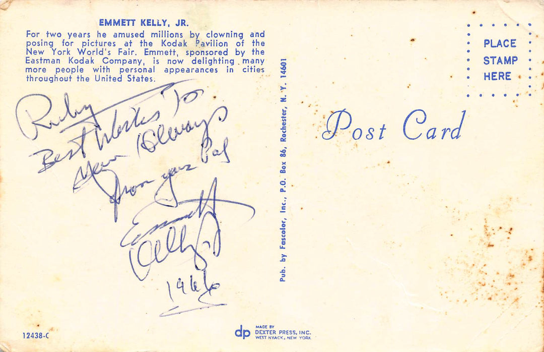 Emmett Kelly Pantomime Clown Comedian Actor Autograph SIgned Kodak Postcard