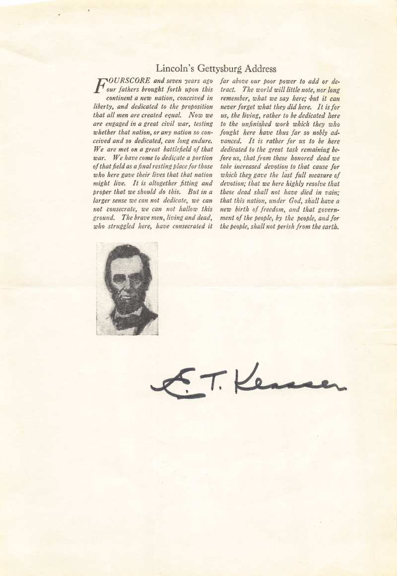 E. T. Klassen US Postmaster General Autograph Signed Lincoln Gettysburg Address