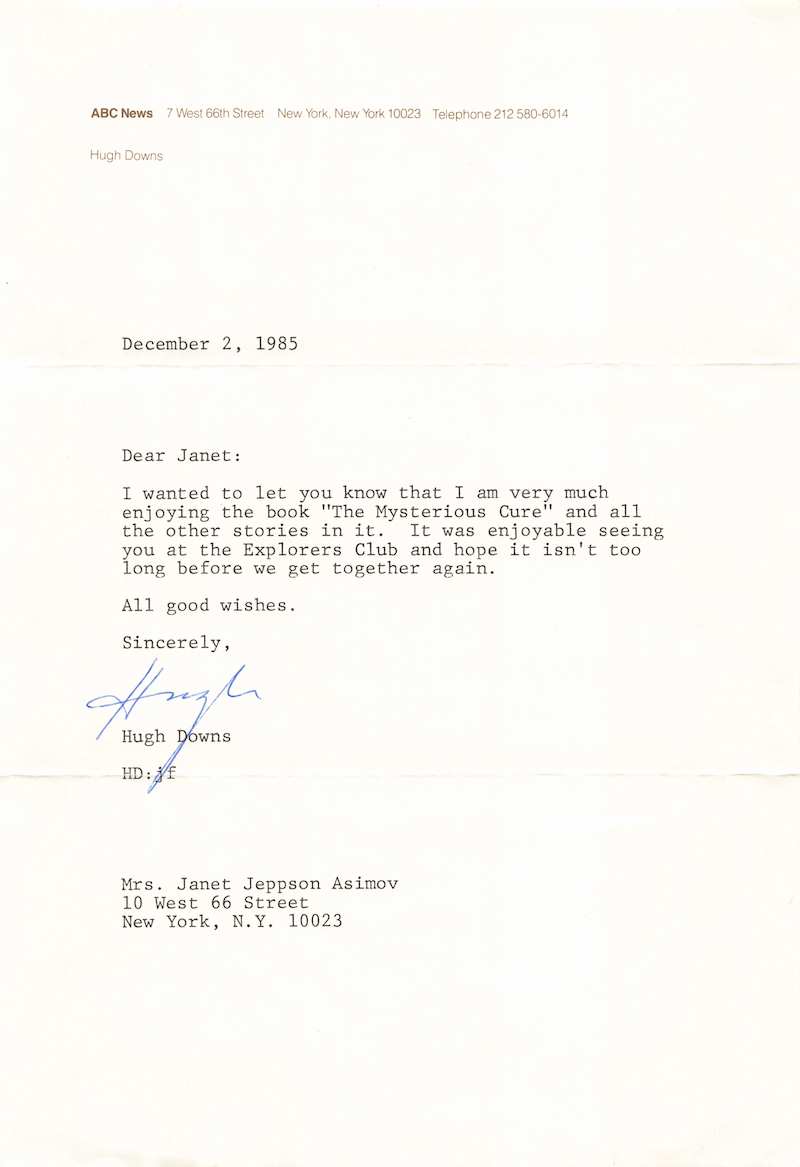 Hugh Downs Music Composer & TV News Host Autograph Signed Asimov Letter 1985