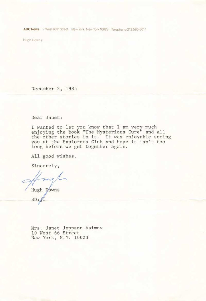 Hugh Downs Music Composer & TV News Host Autograph Signed Asimov Letter 1985