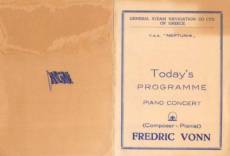 Frederic Vonn Pianist Composer Musician Autograph Signed Cruise Ship Program