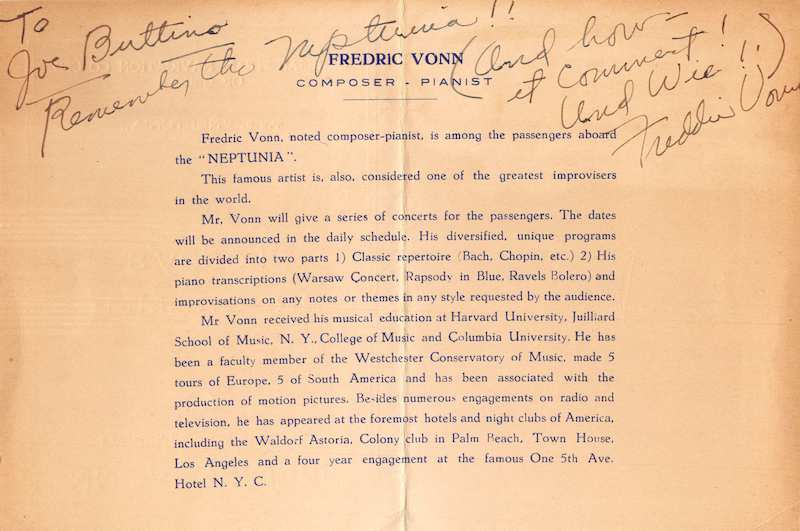 Frederic Vonn Pianist Composer Musician Autograph Signed Cruise Ship Program