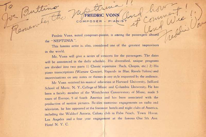 Frederic Vonn Pianist Composer Musician Autograph Signed Cruise Ship Program