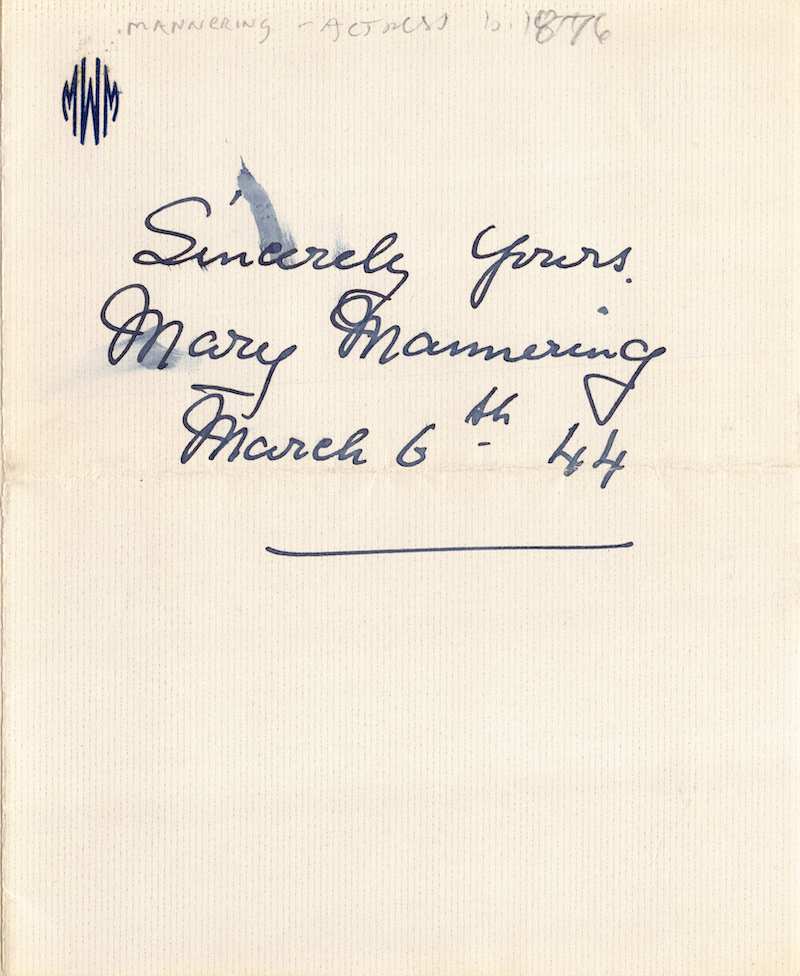 Mary Mannering Mayflower Theatre Actress Autograph Signed Letterhead 1944