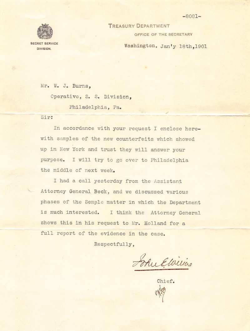 US Treasury Department Secret Service Signed Semple Counterfeiting Letter 1901